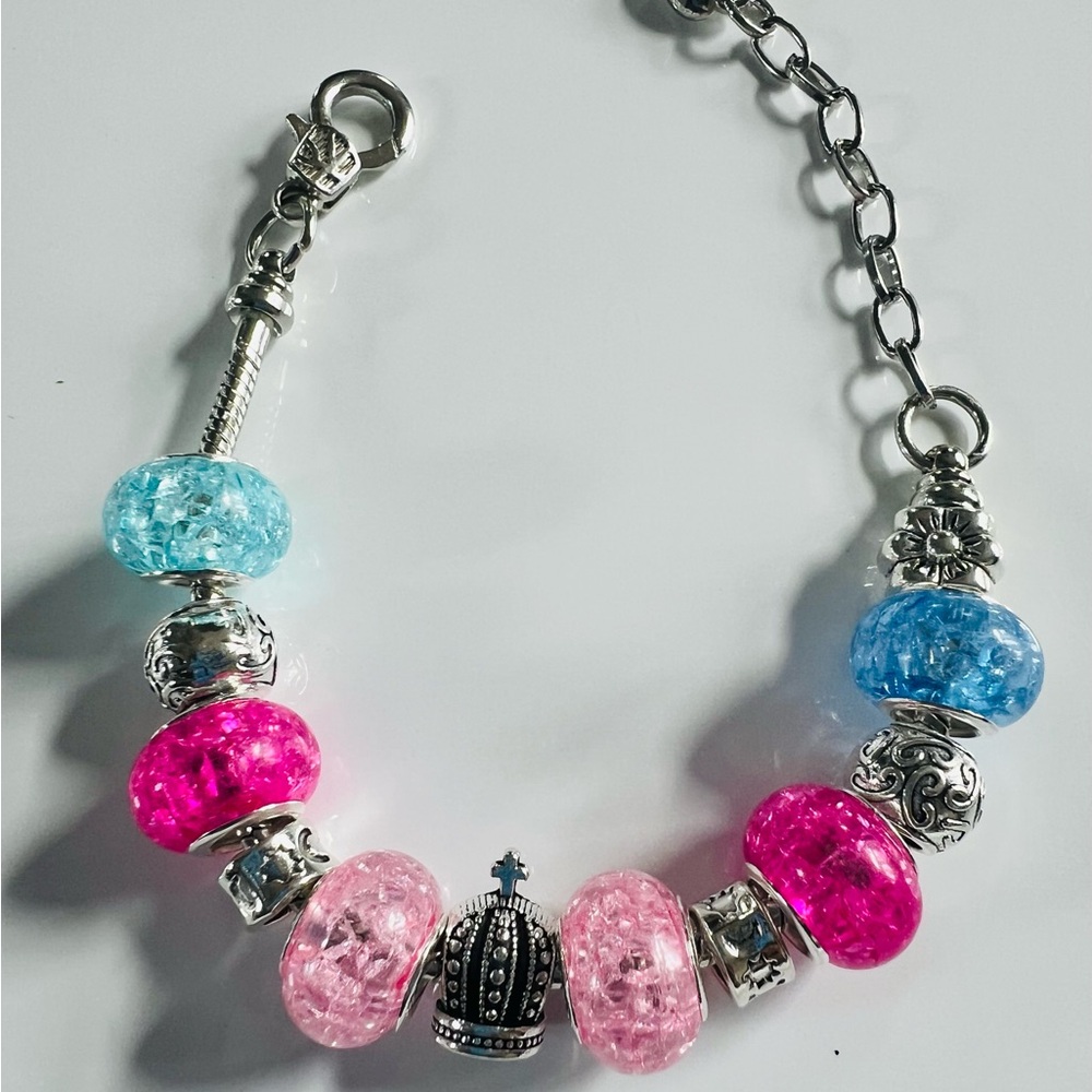 Pink and Blue Beaded Charm Bracelet